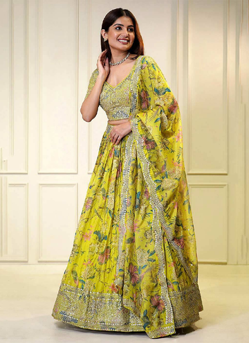 Haldi ceremony Organza Lehenga with sequin thread embroidery and digital print